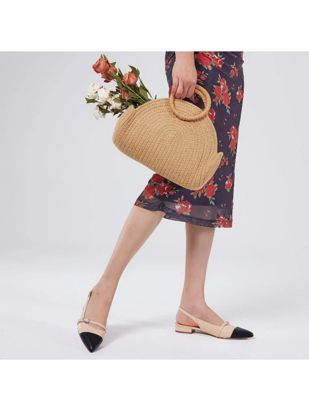 Women's Black Nude Slingback Flats With Rhinestone Pointed Toe Backstrap Shoes